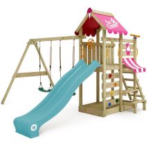 Wickey - Wooden climbing frame VanillaFlyer with swing set and slide, Garden playhouse with sandpit, climbing ladder & play-accessories - turquoise