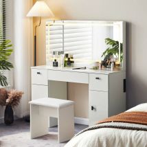 Clipop - Coiffeuse avec station de charge et grand miroir à éclairage led, moderne, blanche, avec 3 tiroirs et 2 armoires de rangement