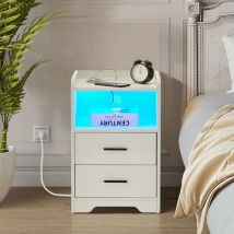 Clipop - Table de chevet blanche brillante avec lumière led, 2 tiroirs de rangement et station de charge, table de chevet avec port usb