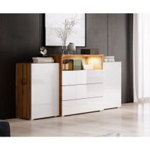 Bratex - Cómoda 150 Cm Urban, Cajonera, Iluminación Led Incluida, Color Wotan/blanco Brillo