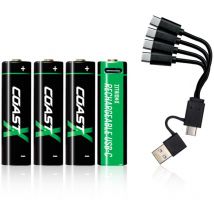 Coast - Pilas aa 1,5 v usb-c de Iones de Litio, 2400 mAh, Carga en 2,5 Horas, Larga duración, Cable de Carga Incluido, Paquete de 4 Unidades
