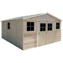 Abri de jardin en bois TIMBELA M333 - 20 m² - extérieur H246 x 418 x 522 cm - Construction de panneaux en bois naturel