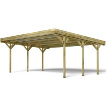 Forest Style - Cochera Doble Jean 30,9 m² (6,02 x 5,11 x 2,52 m) – Madera de Pino Tratada – Techo de Policarbonato – Aparcamiento Cubierto para 2