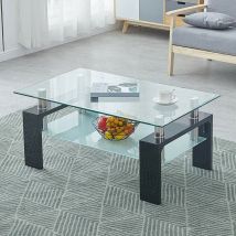 Coffee Table, 100x45x60cm Rectangle Glass Coffee Table, Modern Side Table with Lower Shelf, Black