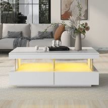 Modernluxe - Coffee Table, High Gloss Tea Table with 16-Color led Lights, 2 Drawers and Open Storage Space, White