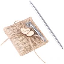Coffret cadeau signature de mariage rustique avec porte-stylo en toile de jute et ensemble de stylos en argent