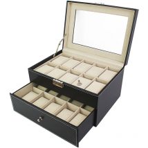 Coffret à Montres, Boite pour Montres et Bracelets, 20 montres avec vitre et tiroir, Noir/Beige, Dimensions: 28,5 x 20,5 x 15 cm