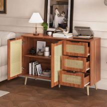 Hauss Spole - Buffet, armoire avec 2 portes et 3 tiroirs, 120x38x78cm, étagères réglables, rotin vintage, salle à manger/cuisine/salon, marron