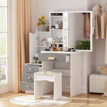 Fufu&gaga - Coiffeuse avec Grand Miroir Coulissant,Breau Coiffeuse avec Tabouret Table de Maquillage avec 4 Tiroirs,Gris 135 x 36 x 90 cm - grey