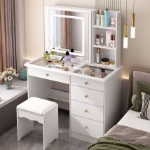 Fufu&gaga - Coiffeuse avec grand plateau en verre, éclairage 3 couleurs,miroir, tabouret, 5 tiroirs et 4 étagères, blanc, 50 x 100 x 136 cm, mdf