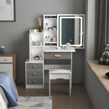 Fufu&gaga - Coiffeuse avec miroir éclairé coulissant, 4 tiroirs et étagères, coiffeuse et ensemble de tabourets rembourrés hauteur 132cm - Gris