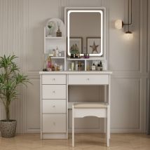 Fufu&gaga - Coiffeuse avec miroir, maquillage Vanity Coiffeuse avec 5 tiroirs, étagères, commode bureau et ensemble de tabourets rembourrés (miroir