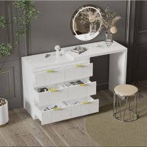 Coiffeuse avec table d'appoint, table de bureau avec 6 tiroirs, poignées dorées, plateau rotatif (180°), peint, motif floral, coins arrondis