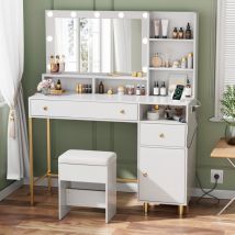 Janzdiys - Coiffeuse avec Miroir led et Tabouret - 3 Luminosités Réglables - Prise de Courant et 2 usb - 4 Tiroirs - Compartiment de Rangement