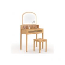 Idmarket - Coiffeuse edhen avec miroir led, 1 tiroir, 3 niches et tabouret cannage et bois
