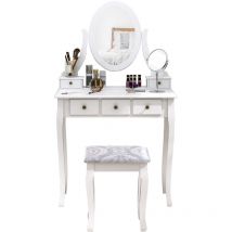 Coiffeuse et tabouret style baroque 5 tiroirs miroir ovale pivotant 360° mdf bois blanc