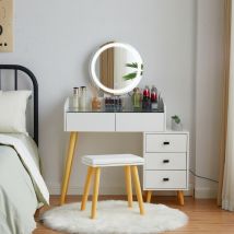 Clipop - Coiffeuse Moderne avec Miroir Lumineux led et Tabouret Rembourré, Dessus de Table en Verre Innovant, Meuble de Maquillage à 5 Tiroirs avec