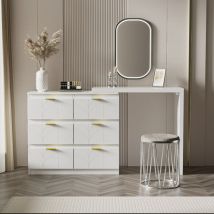 Keepbuying - Coiffeuse Moderne avec Table d'appoint, Table de Maquillage 6 Tiroirs, Poignée Plaquée Or, Plateau Pivotant, Bureau Chambre, Blanc