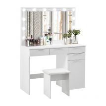Clipop - Coiffeuse moderne blanche avec éclairage led et tabouret rembourré pour chambre à coucher avec quatre tiroirs - Blanc