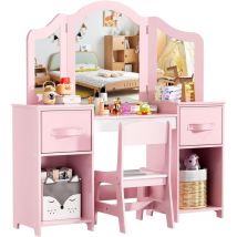Tlgreen - Coiffeuse pour Enfants avec Miroir,Tabouret et Rangement,108x30x114cm,Bureau pour Enfants,Table de Maquillage (Rose - Blanc)