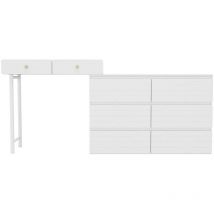 Gutent - Coiffeuse (sans chaise ni miroir), y compris buffet extractible, meuble de rangement 180x40x85cm, trois niveaux, six tiroirs, blanc blanc