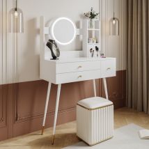 Okwish - Coiffeuse (sans chaises), avec miroir luminosité réglable, avec 3 tiroirs, accessoires luxueux plaqués or, coiffeuse haut de gamme avec