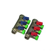 Collettore nino giallo c/valvola a sfera da 3/4 x 16 3 vie 3/4 x 1/2 x 16
