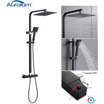 Negra Columna de ducha Termostática Set de Ducha Auralum con Ducha de Lluvia 10 Pulgadas y Ducha de Mano, Conjunto de Ducha con Barra Altura