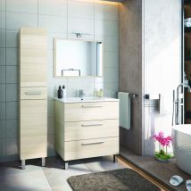 Ondee - Colonne de rangement de salle de bain à pose ondise - 30cm - Chêne clair - Mélaminé - Livré en kit