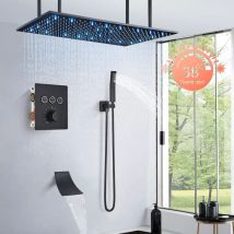 Colonne De Douche Encastrée Thermostatique Noir De Forme Carrée Douche Set Kit De Douche Murale Solide Douche À Main Et Douche À Tête
