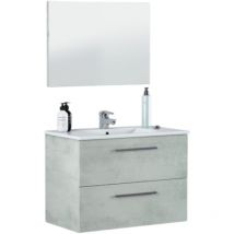 Meuble sous-vasque suspendu avec deux tiroirs et un miroir, couleur béton, 80 x 57 x 45 cm.