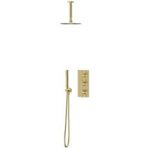 Brushed Brass Triple Thermostatic Valve Mixer Shower Including 200mm Round Fixed Shower Head with Ceiling Arm and Round Shower Outlet Holder with Kit