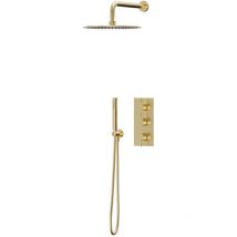 Colore - Brushed Brass Triple Thermostatic Valve Mixer Shower Including 300mm Round Fixed Shower Head with Wall Arm and Round Shower Outlet Holder