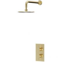 Colore - Brushed Brass Twin Thermostatic Valve Mixer Shower with 200mm Round Fixed Shower Head and Wall Arm- 1 Outlet - Brushed Brass