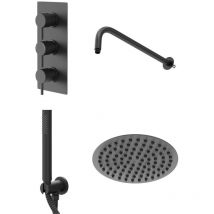 Matt Black Triple Thermostatic Valve Mixer Shower with Round Fixed Head and Round Handset Outlet Holder - 2 Outlet - Matt Black - Colore