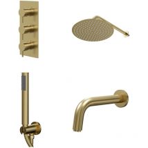 Colore Round Brushed Brass Concealed Triple Thermostatic Shower Valve with Diverter and 300mm Fixed Head with 345mm Wall Arm and Outlet Holder with