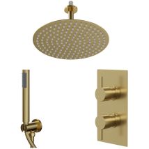 Colore Round Brushed Brass Concealed Twin Thermostatic Shower Valve with Diverter and 300mm Fixed Head with 150mm Ceiling Arm and Outlet Holder with