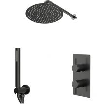 Colore - Round Gunmetal Grey Concealed Triple Thermostatic Shower Valve with Diverter and 300mm Fixed Head with 345mm Wall Arm and Outlet Holder with