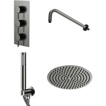 Colore Round Gunmetal Grey Concealed Triple Thermostatic Valve Mixer Shower Including 300mm Fixed Shower Head with Wall Arm and Shower Outlet Holder