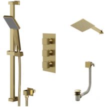 Colore - Square Brushed Brass Concealed Triple Thermostatic Shower Valve with Diverter and 200mm Fixed Head with 345mm Wall Arm and Slide Rail Kit