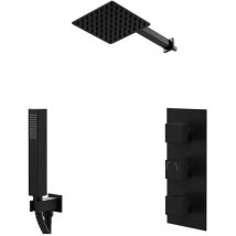 Colore Square Matt Black Concealed Triple Thermostatic Shower Valve and 200mm Fixed Head with 345mm Wall Arm and Outlet Holder with Kit - 2 Outlet