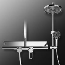 Ubeegol - Columna de Ducha con Estante de 40 cm, Ducha de Mano con 5 Modos y Ducha de Lluvia, Barra Ajustable, Cabezal Cromado Elegante, Latón