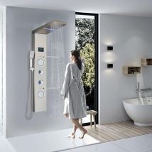 Suguword - Columna Ducha Hidromasaje con luz led y lcd, Sistema de Ducha Acero Inoxidable 5 Función con Chorros de Masaje, Panel de Ducha para Baño
