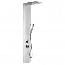 Sistema de pared multifunción en acero inoxidable pulido.