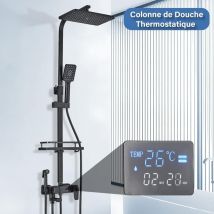 Suguword - Columna de ducha termostática negra con mezclador de 38°C,Set de ducha con 4 funciones de altura ajustable,Sistema de ducha de cabeza