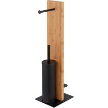 Combiné wc 3 en 1 sur pied Lesina Wenko Porte-rouleau, brosse wc fermée à tête silicone remplaçable, stockeur pq, Acier et bambou, 18x69x18cm, Noir