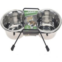 TOM - cats comedero doble inoxidable 35x17 cm , Comedero doble inoxidable 35x17 cm Juego de dos cuencos sobre soporte para perro y gato La base