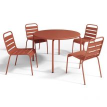 Comedor de jardín de metal - una mesa de 110 cm de diámetro y 4 sillas apilables - Terracota - mirmande