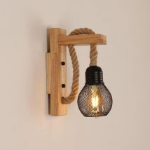 Comely - Applique Murale Rustica in Legno Stile Vintage, Paralume a Gabbia in Metallo Nero E27, Applique Murale Interna in Legno con Corda di Canapa