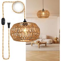 Suspension Luminaire Rotin, Lustre Vintage E27, Plafonnier en Tressage E27 avec Interrupteur à Variation, Lustre pour Chambre et Salon, Lampe de